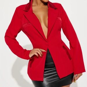 Red blazer with satin detailing from Fashion Nova